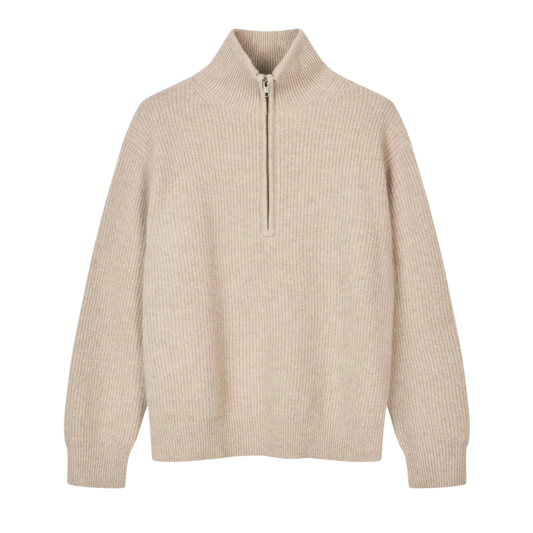 Premium Rib Zip Turtleneck - Sand
