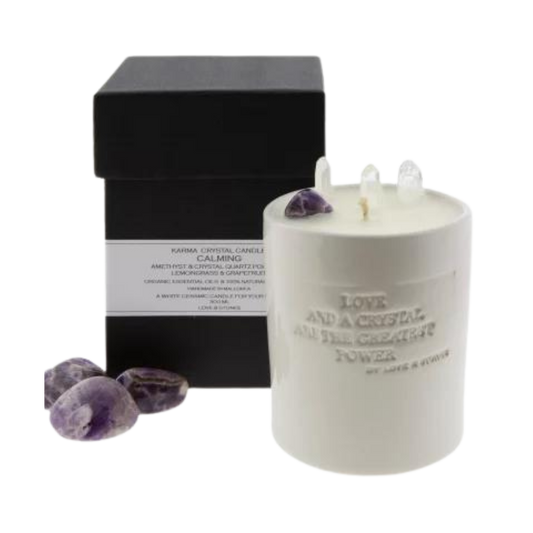 Love&Stones – Small Calming Amethyst Crystal White Candle  350 ml.