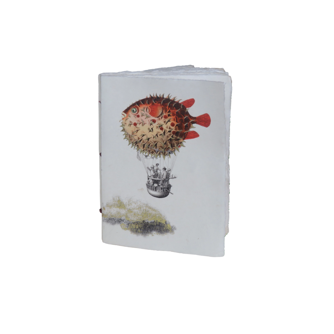 Surreal Hot Air Balloon and Fish Engraved Paper Parchment Notebook