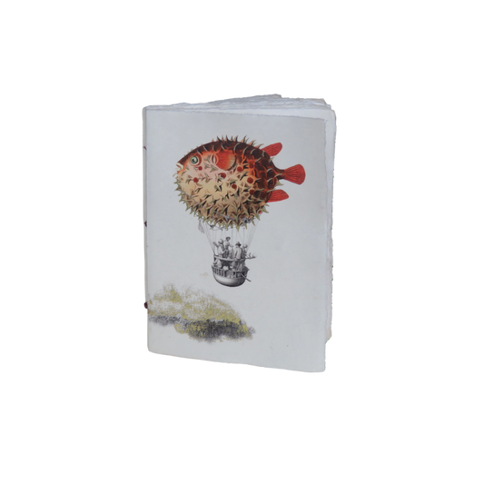 Surreal Hot Air Balloon and Fish Engraved Paper Parchment Notebook